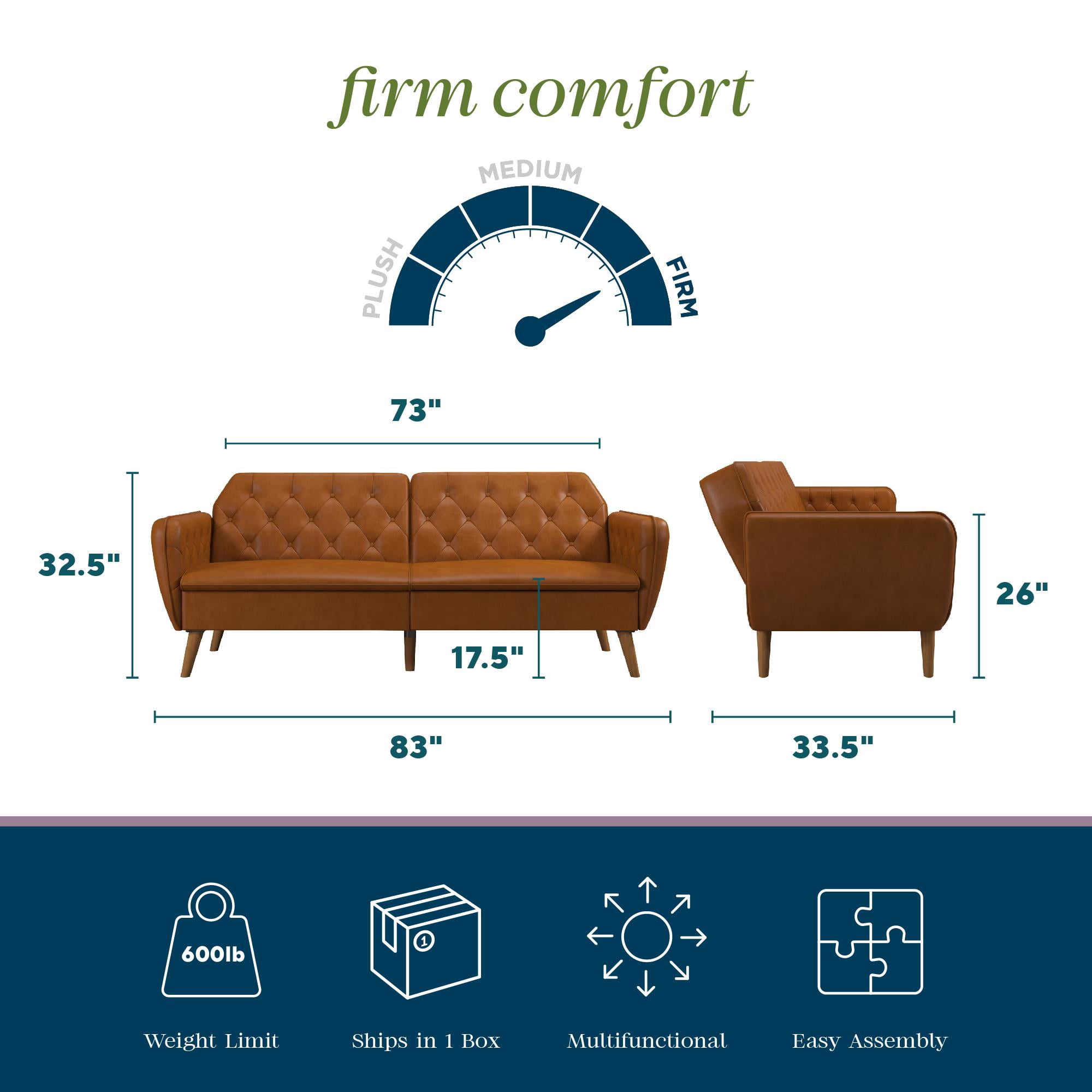 Novogratz Tallulah 83" Memory Foam Futon Sofa Bed, Camel Faux Leather