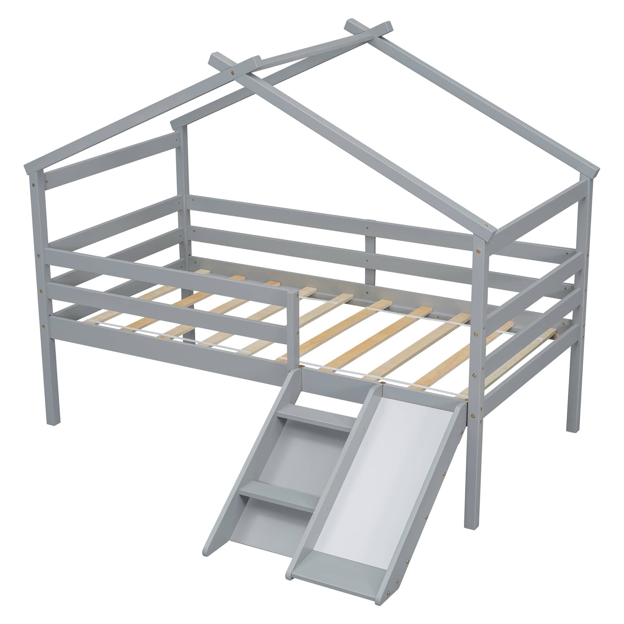 MAYEERTY Twin Loft Bed with Slide, Ladder, Safety Guardrails, House Roof Frame, Grey