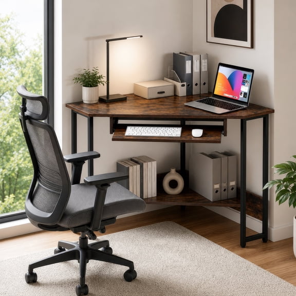 Triangle Computer Desk with Charging Station & Keyboard Tray, Corner Desk, Writing desk for Small Spaces,Rustic Brown