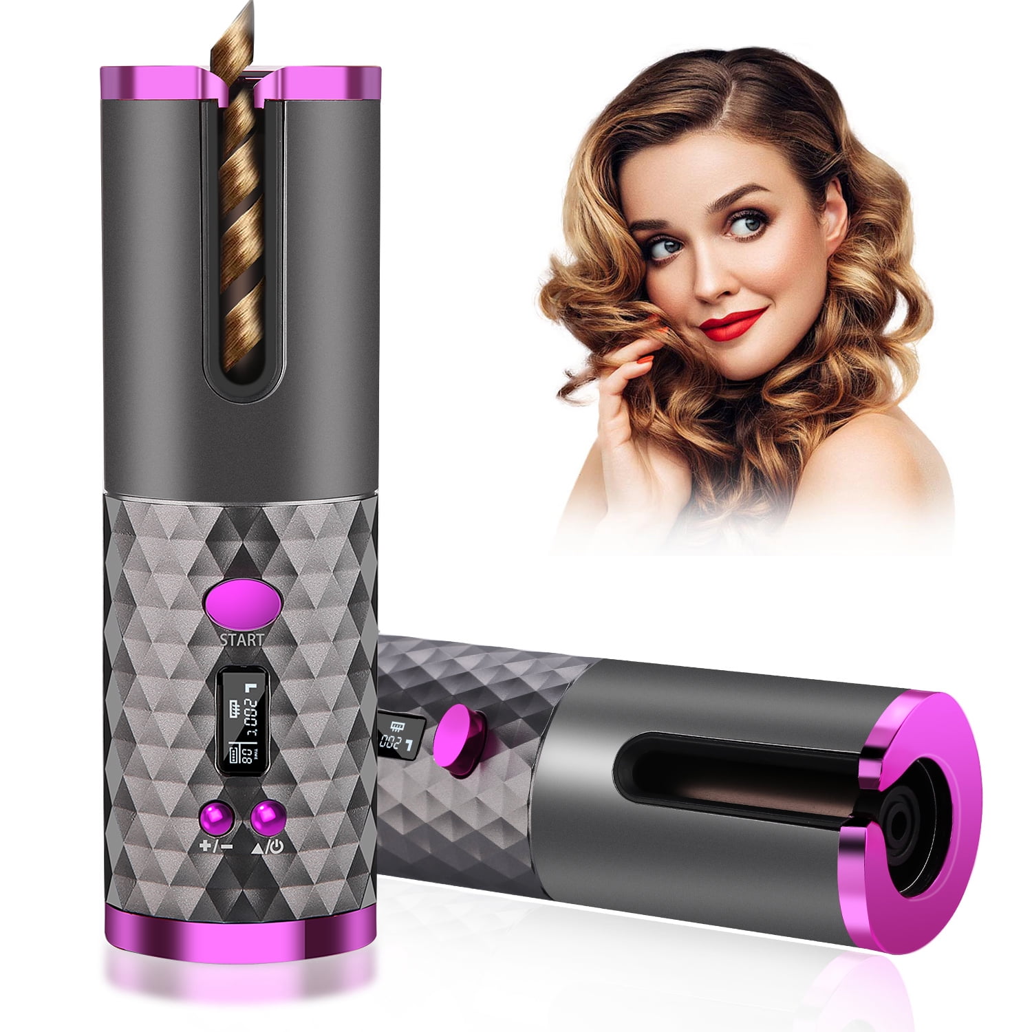 Cordless Auto Hair Curler, Automatic Curling Iron with LCD Display Adjustable Temperature