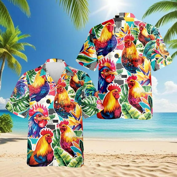 Chicken Hawaiian Shirt for Men, Button Down Summer Beach Short Sleeve, S-5XL