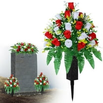 Artificial Cemetery Flowers Set - 1 Bundles of Silk Roses with 11" Vases, Weatherproof Memorial Bouquets for Gravesite Decoration (Dark Blue & White)