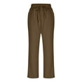 thumbnail image 6 of Linen Capris for Women, Casual Loose Drawstring Elastic Waist Cropped Trousers, New Summer Beach Wide Leg Ankle Length Pants with Pockets Brown XXL, 6 of 8