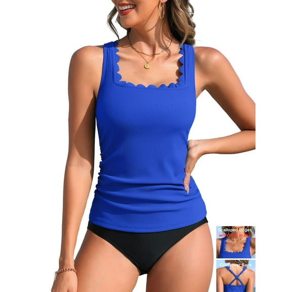 Attraco Ribbed Tankini Tops Scalloped Ruched Side Swim Tops with Remoavble Padded Crossover Straps Swimsuits Tops (No Bottom)