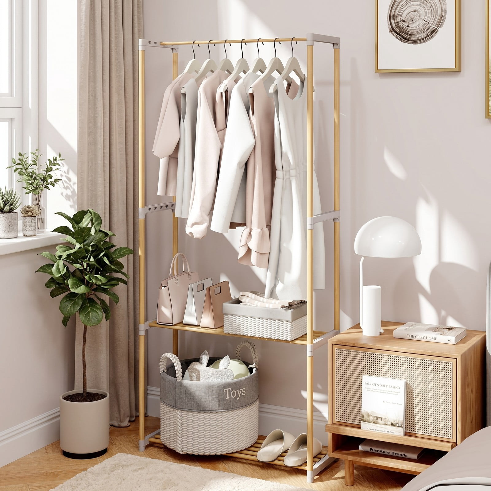 Furnibear Pine Wood Clothes Rack with 2-Tier Open Storage Shelf for Hanging Clothes in Bedroom Hallway and Closet, Natural and Gray