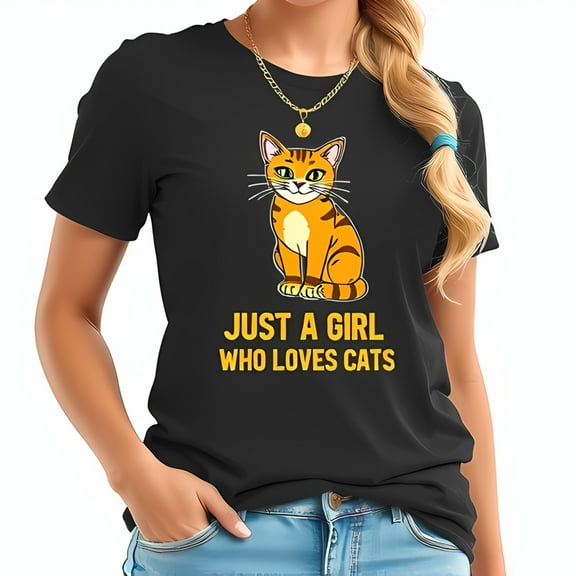 Adorable Orange Tabby Cat Graphic Tee - Just a Girl Who Loves Cats - Casual Cotton Short Sleeve T-Shirt