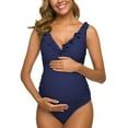 thumbnail image 2 of Ecavus One Piece Maternity Swimsuits Ruffle Flounce Deep V Swimwear Navy S, 2 of 6