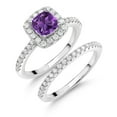 thumbnail image 3 of Gem Stone King 925 Sterling Silver Purple Amethyst and White Moissanite Wedding Engagement Ring Band Bridal Set for Women (1.49 Cttw, Cushion 6MM, Available in Size 5, 6, 7, 8, 9), 3 of 6