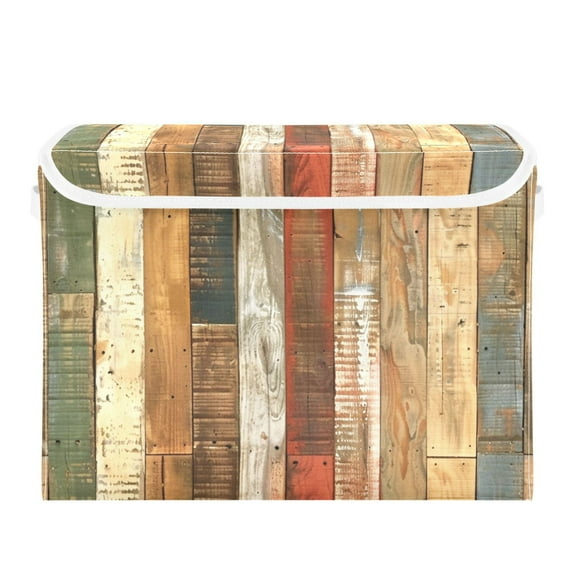 Colorful Vertical Wood Board Vintage Foldable Storage Bin with Lid and Handle Collapsible Storage Box 16.5 x 12.6 x 11.8 inches