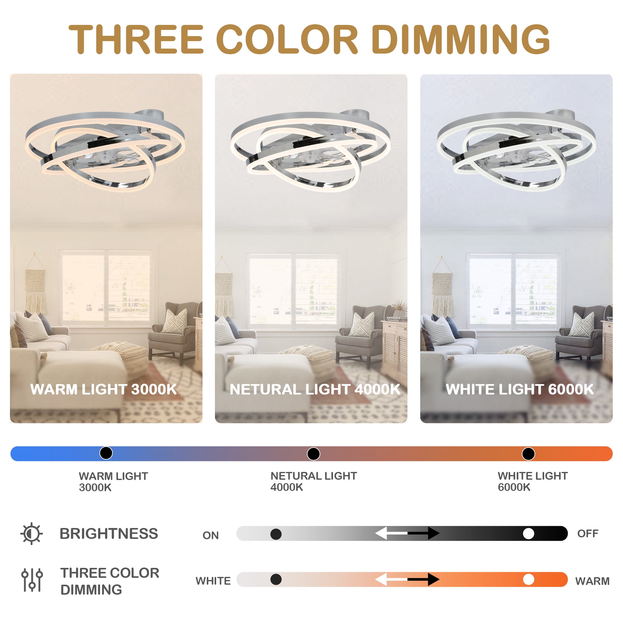 24Inch Silver Indoor Reversible Ceiling Fan with Dimmable LED Light, 6-Speed DIY Shade with Remote and APP Control