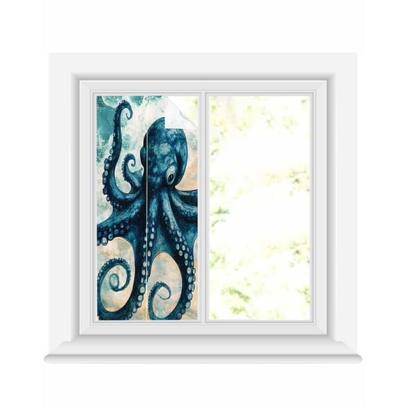 Window Privacy Film Teal Blue Octopus Stained Glass Window Film Decorative Sun Block Window Cover Summer Coastal Beach Wave Window Clings Static Adhesive Sticker for Bathroom 19.6"x39.3"