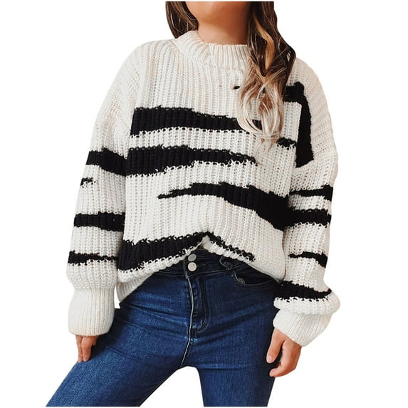 Lilgiuy Ladies Loose Round Neck Long Sleeve Irregular Stripe Contrast Color Sweater Women's Top Winter Dresses for 2022