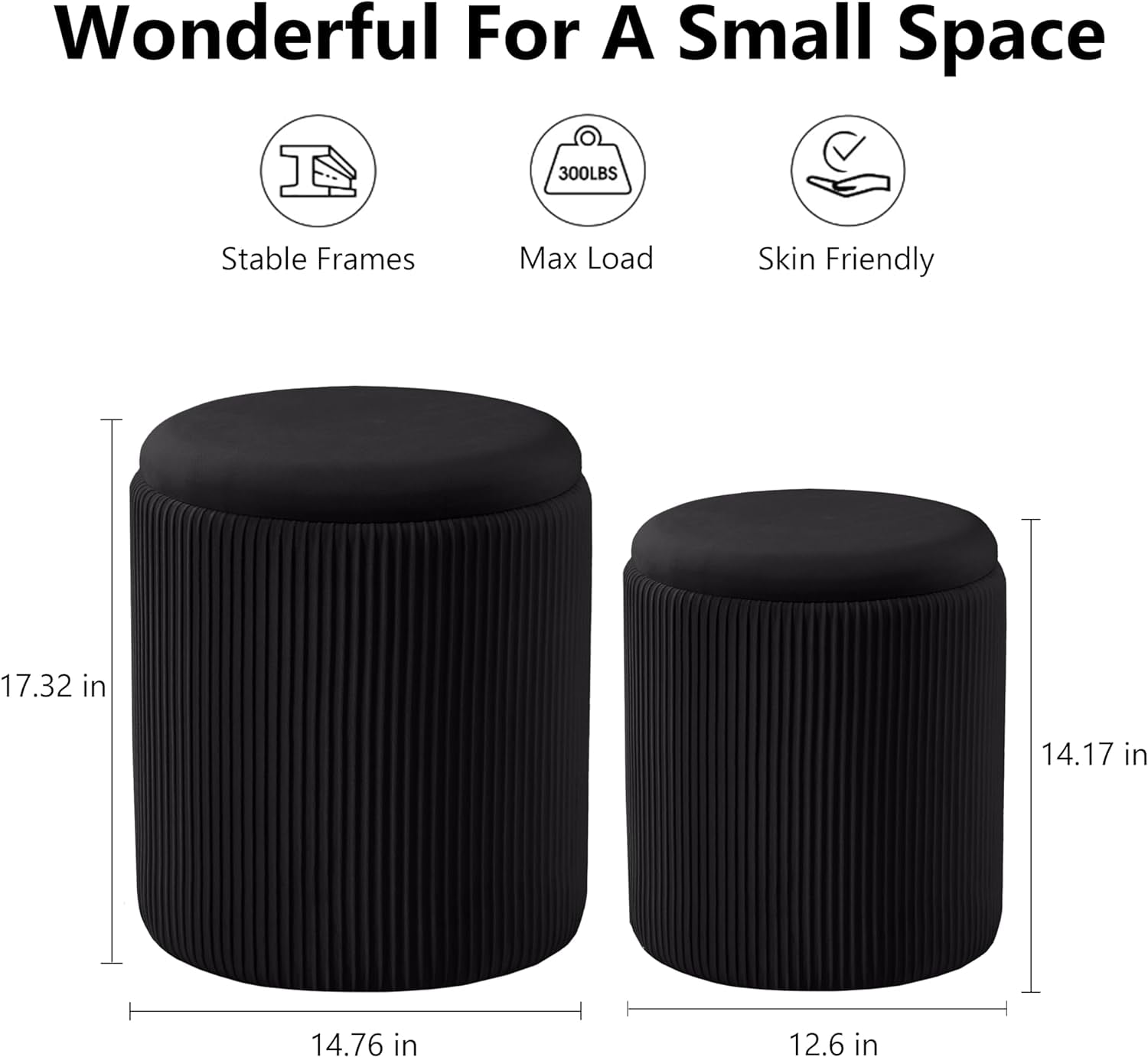 Round Ottoman with Storage Set of 2 Upholstered Velvet Vanity Stool for Makeup Lines Support 302lbs Ottomans Multifunctional Foot Rest Coffee Table Padded Seat for Living Room&Bedroom