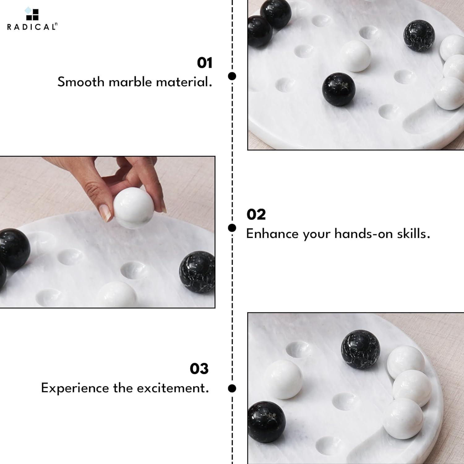 Radicaln Marble Tic Tac Toe 10" Black & White Luxury Board & Lawn Game for Adults, Smart Gift Idea, Minimalist Coffee Table Decor & Conversation Piece