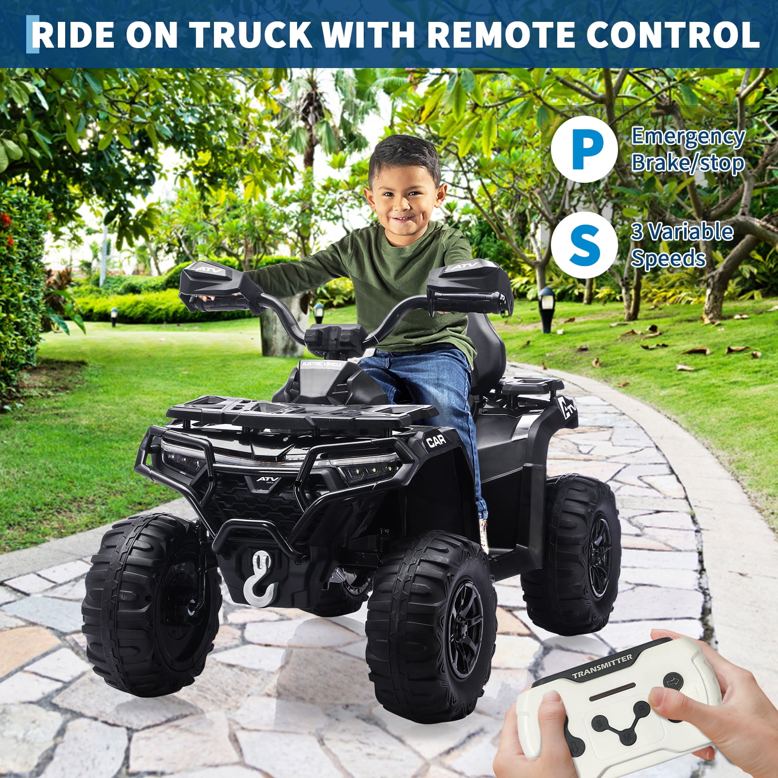 Garvee 12V Kids Ride On ATV,3 Variable Speeds,with Parent Remote Control,LED Headlights,Music,Black