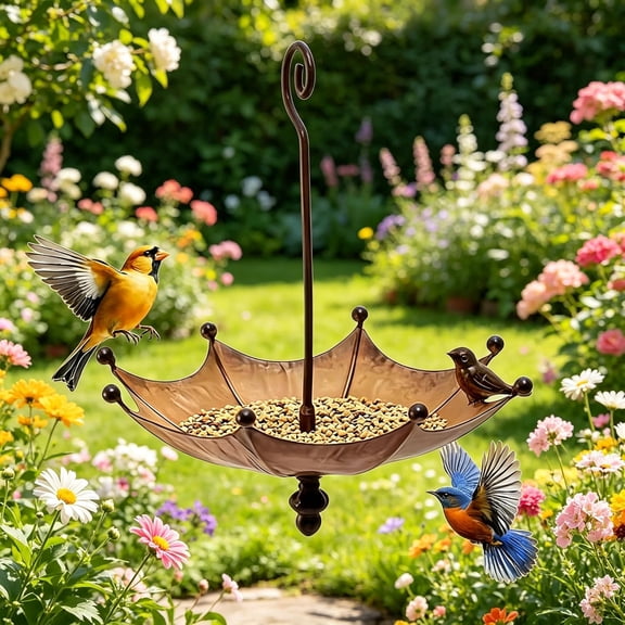 Umbrella Bird Feeder,Metal Hanging Bird Feeder Creative Pendant Umbrella Shaped Birds Feeders Outdoor Decoration Iron Hanging Birds Baths Feeders for Garden Courtyard(xxw)