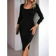 thumbnail image 2 of Women 2025 Summer Ribbed Short Sleeve Bodycon Maxi Dress Side Slit Knit Square Neck Long Sundress Black S, 2 of 7