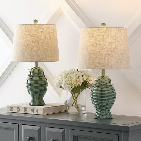 JONATHAN Y Margie Wicker 20.5" Bohemian Rustic Iron LED Table Lamp, Green (Set of 2), JYL4041C-SET2