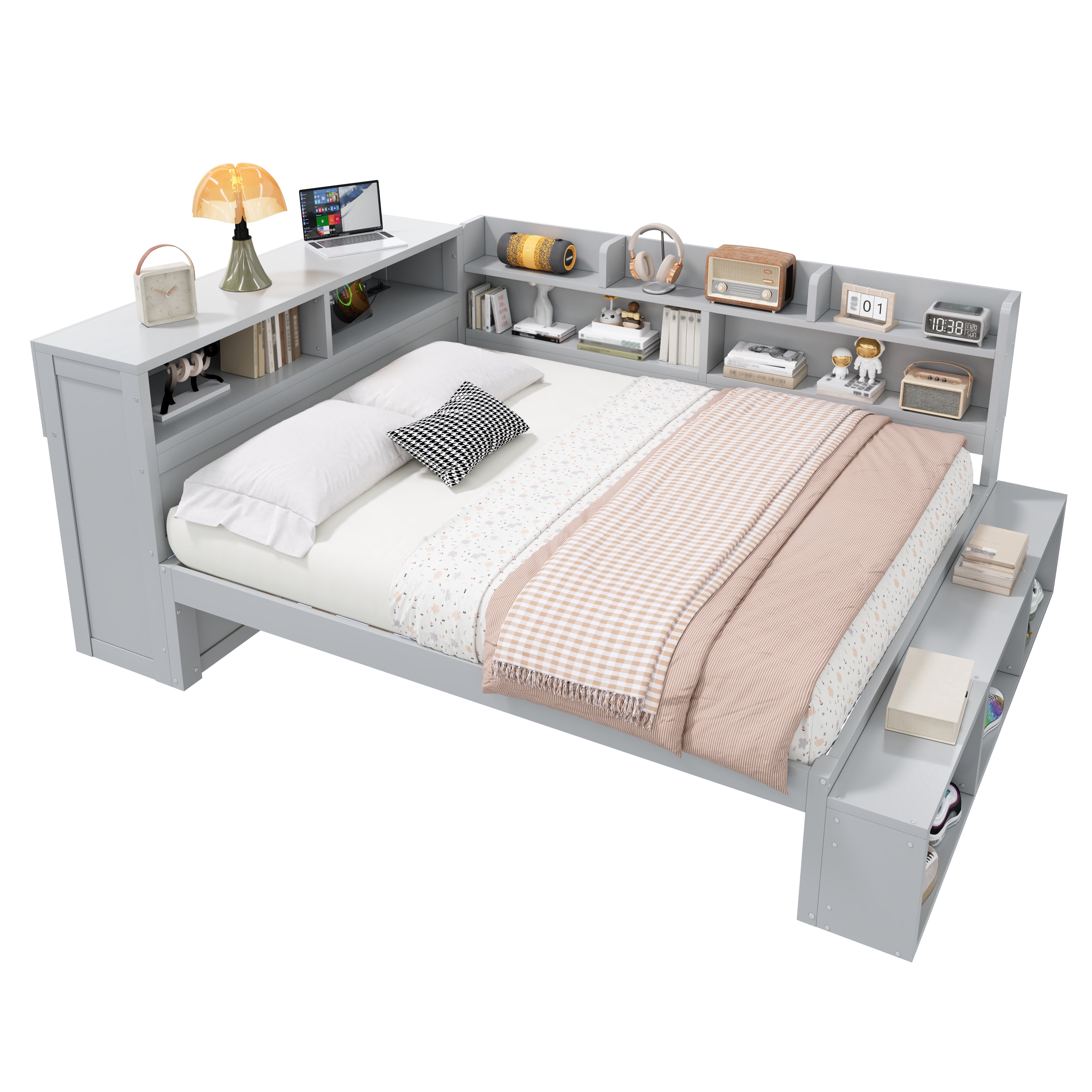 Mintazer Full Size Daybed with Storage Cabinets & Charging Station, Platform Bed Frame with Shoe Rack, Gray