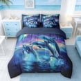 thumbnail image 3 of Manfei Magical Dolphin Aurora Bedding Comforter Set for Kids Boys and Girls, Marine Fantasy Print King Bedding Sets, Navy Reversible 7 Pieces, 3 of 6