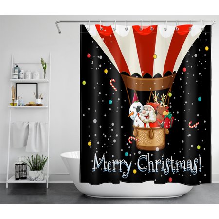 HVEST Christmas Shower Curtain,Santa Claus and Snowman Reindeer in Hot Air Balloon Bathroom Shower Curtain with Hooks,Xmas Ball Candy Cane Polyester Waterproof Fabric Bath Decor Accessories,60x72 Inch
