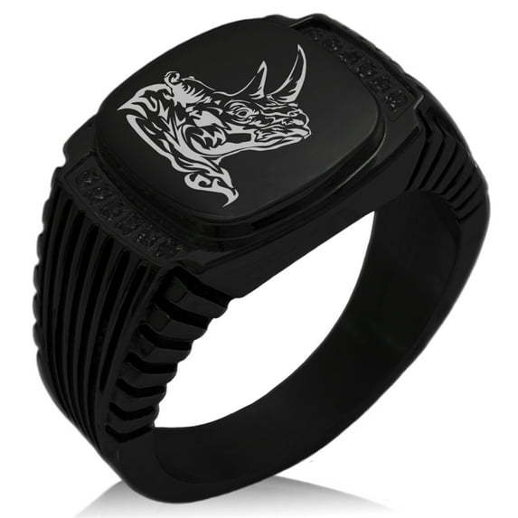 Stainless Steel Berserk Rhino CZ Ribbed Needle Stripe Pattern Biker Style Polished Ring