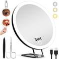 thumbnail image 1 of 30X Magnifying Makeup Mirror with 60 LED Lights - 6-inch (15cm) Diameter, 3 Suction Cups & Adjustable Stand, Resin-Glass Construction, 3-Color Dimmable Lighting, 3.7V 1500mAh Rechargeable Battery,, 1 of 6