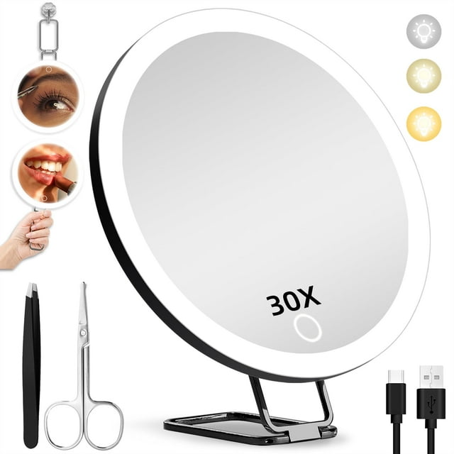 30X Magnifying Makeup Mirror with 60 LED Lights - 6-inch (15cm) Diameter, 3 Suction Cups & Adjustable Stand, Resin-Glass Construction, 3-Color Dimmable Lighting, 3.7V 1500mAh Rechargeable Battery,