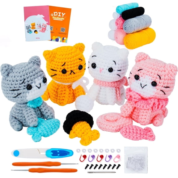 Crochet Kit for Beginners, Crochet Starter Kits for Adults, 4 Cats DIY Craft Knitting Set with Step-by-Step Video Tutorials
