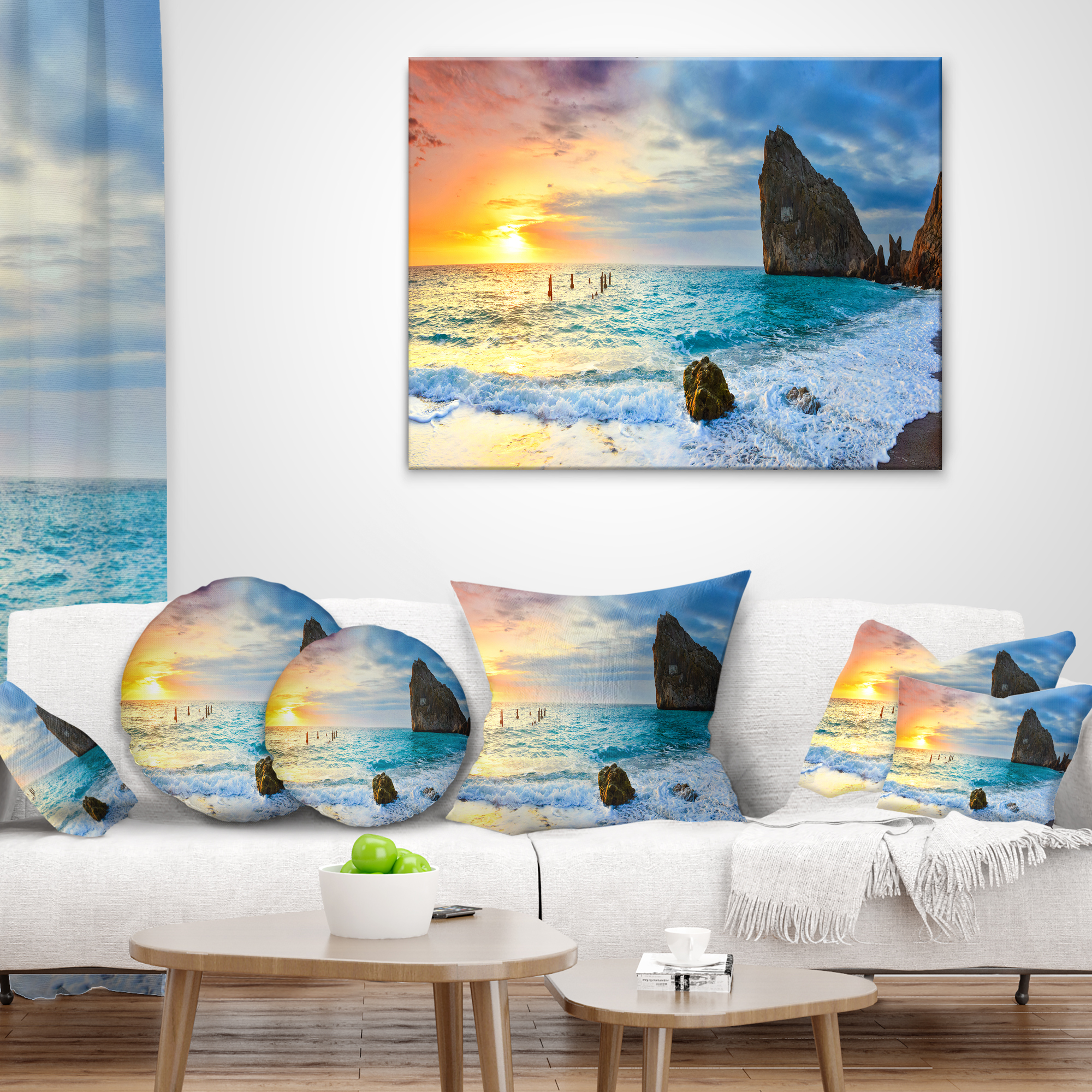 Designart Vibrant Morning Sea with Yellow Sun - Seascape Throw Pillow - 16x16