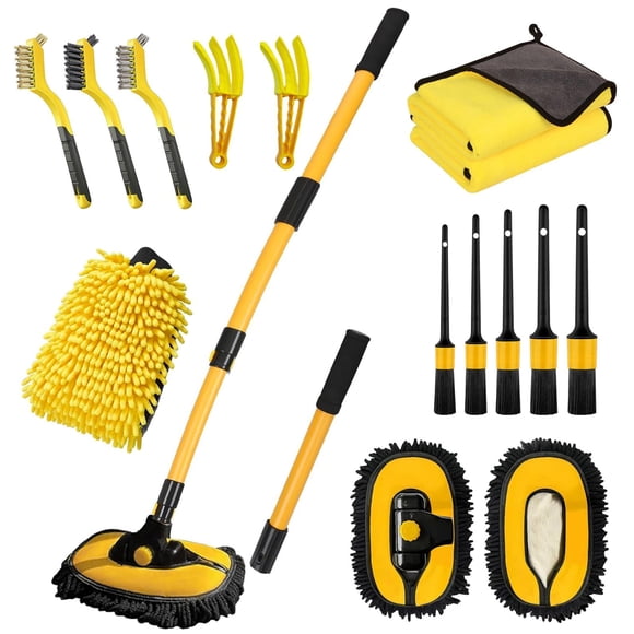 Cepillo para lavado de autos con mango largo, trapeador de lavado de autos de 55 pulgadas, kit de lavado para autos, guante retráctil con palo curvado para autos, RV, camiones y botes