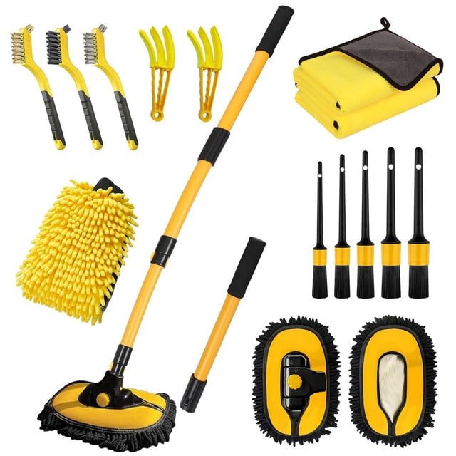 Cepillo para lavado de autos con mango largo, trapeador de lavado de autos de 55 pulgadas, kit de lavado para autos, guante retráctil con palo curvado para autos, RV, camiones y botes
