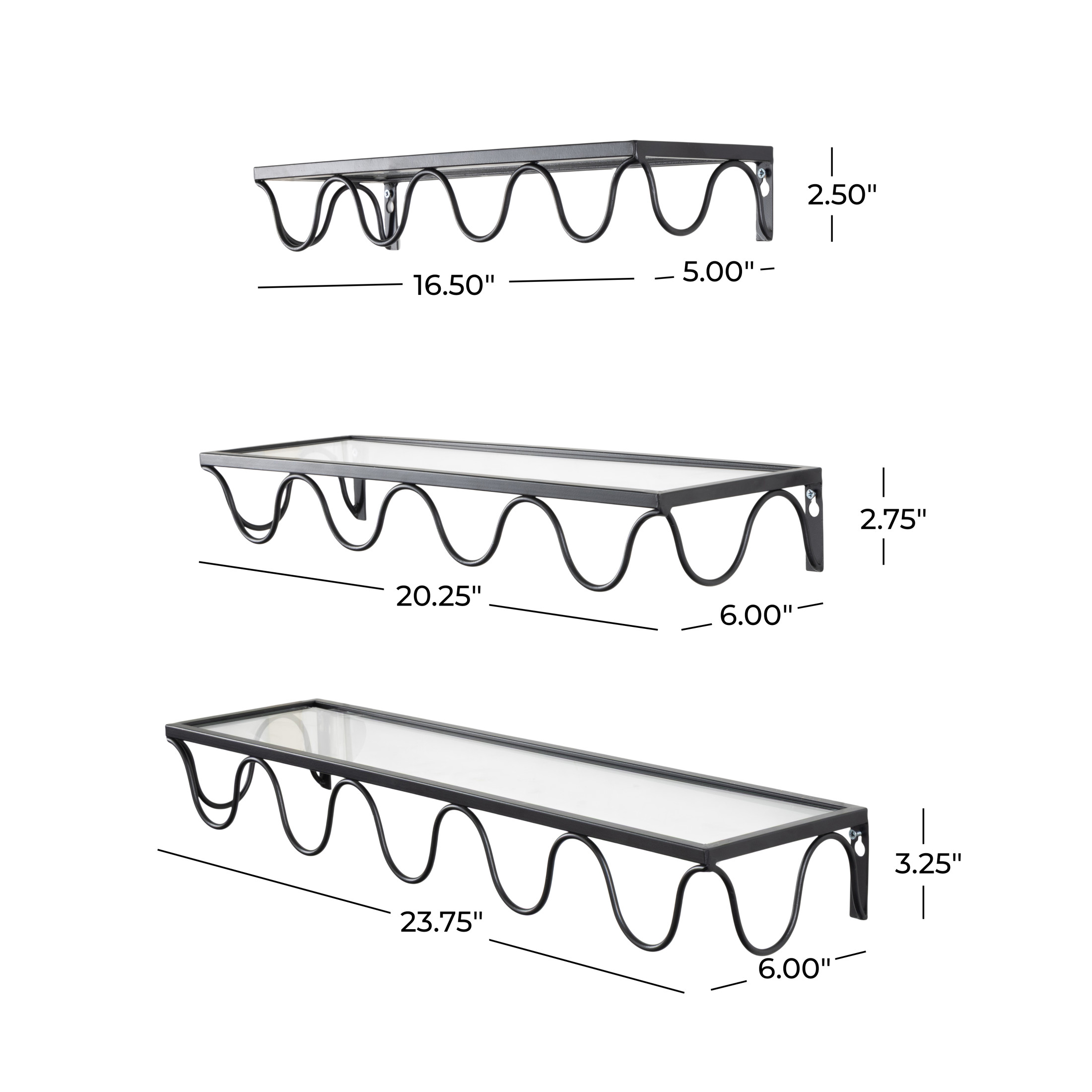 DecMode 24", 20", 17"W 1-Tier Black Wall Shelf with Metal Frame (3 Count)