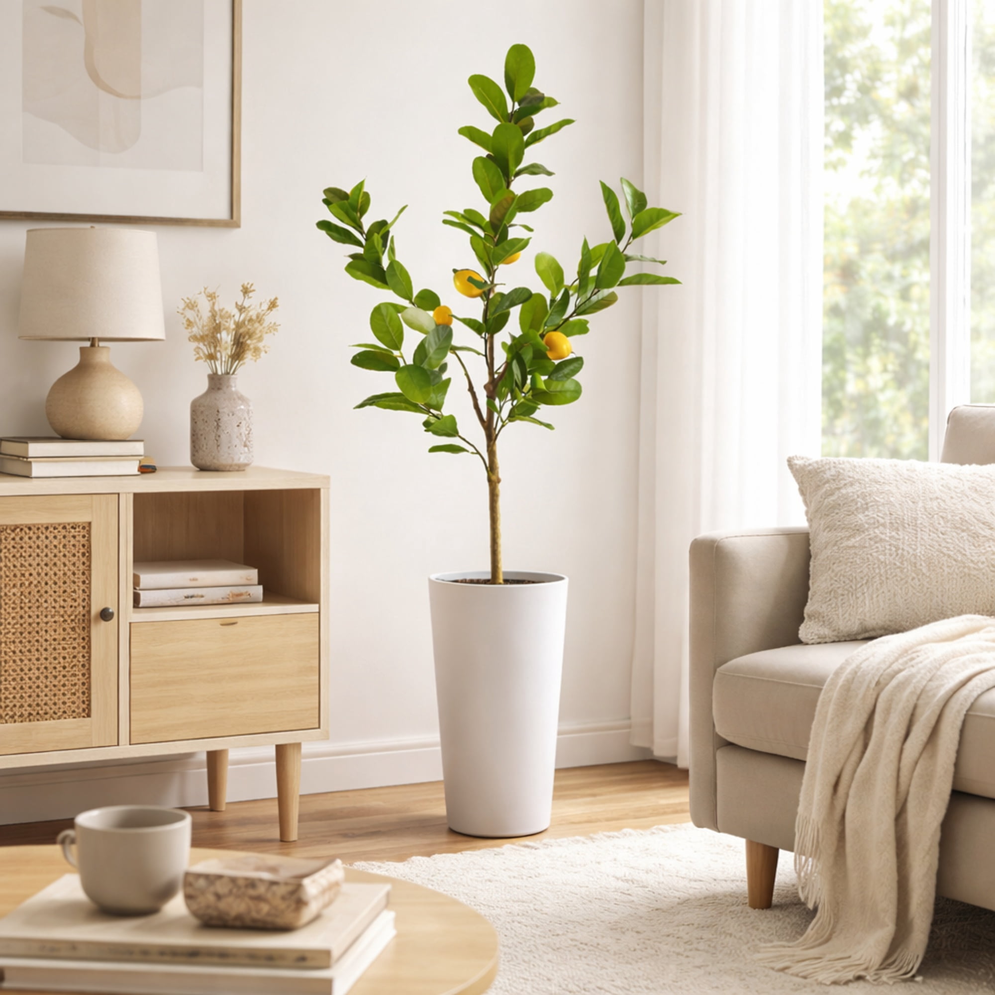 Artificial Tree, 3.3ft Artificial Lemon Plant with Realistic Lemons in a White Textured Metal Pot by LCG Florals, Fake Indoor Faux Tree for Living Room, Kitchen, and Home Decor
