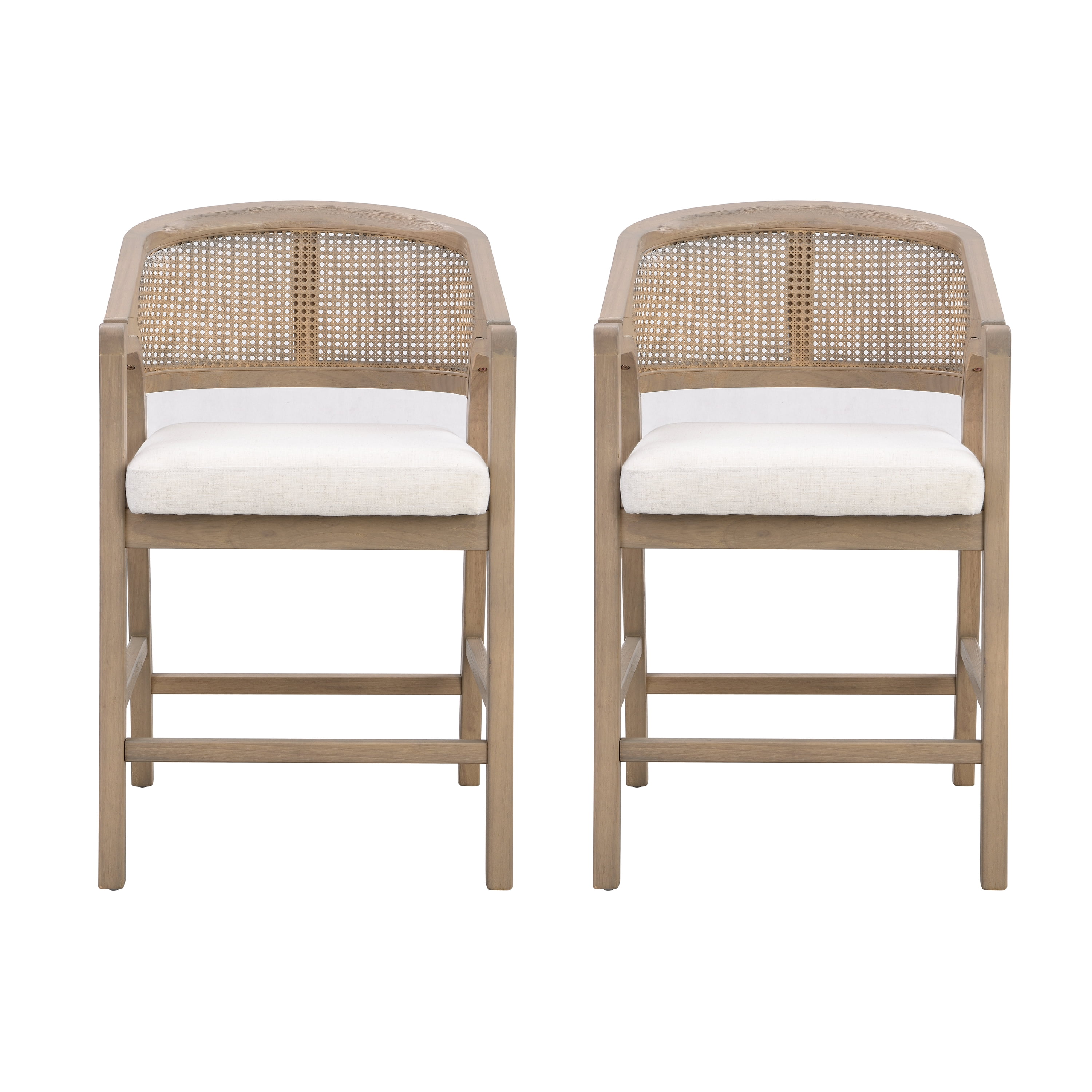 Tabourets de bar Noble House avec structure en bois, lot de 2, dossier en rotin et structure en hévéa, beige et frêne naturel
