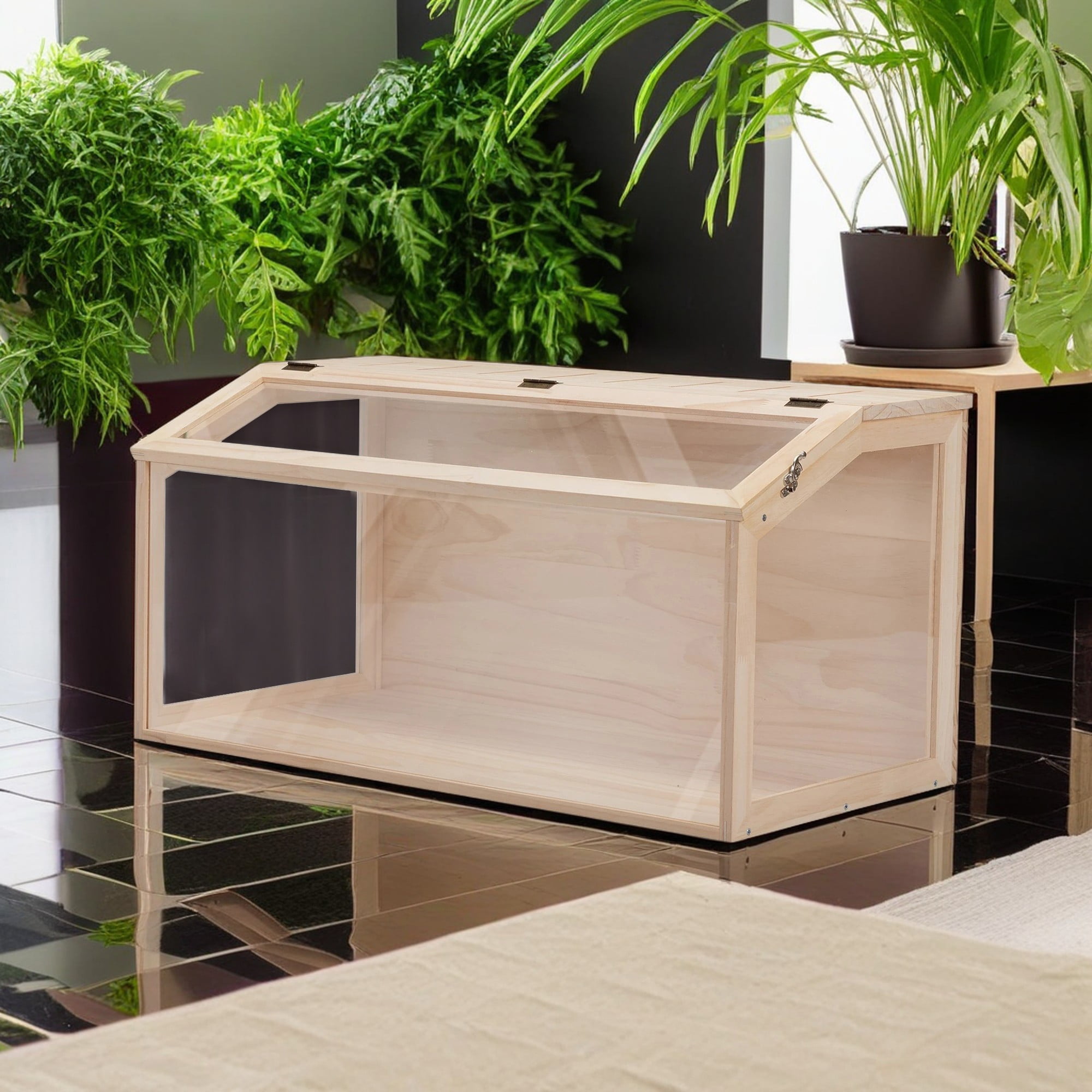 resenkos 31" Wooden Hamster Cage for Small Animals House, Acrylic Hutch for Dwarf Hamster, Guinea Pig, Chinchilla, Openable Top with Air Vents (Accessories in the cage do not include), Beige