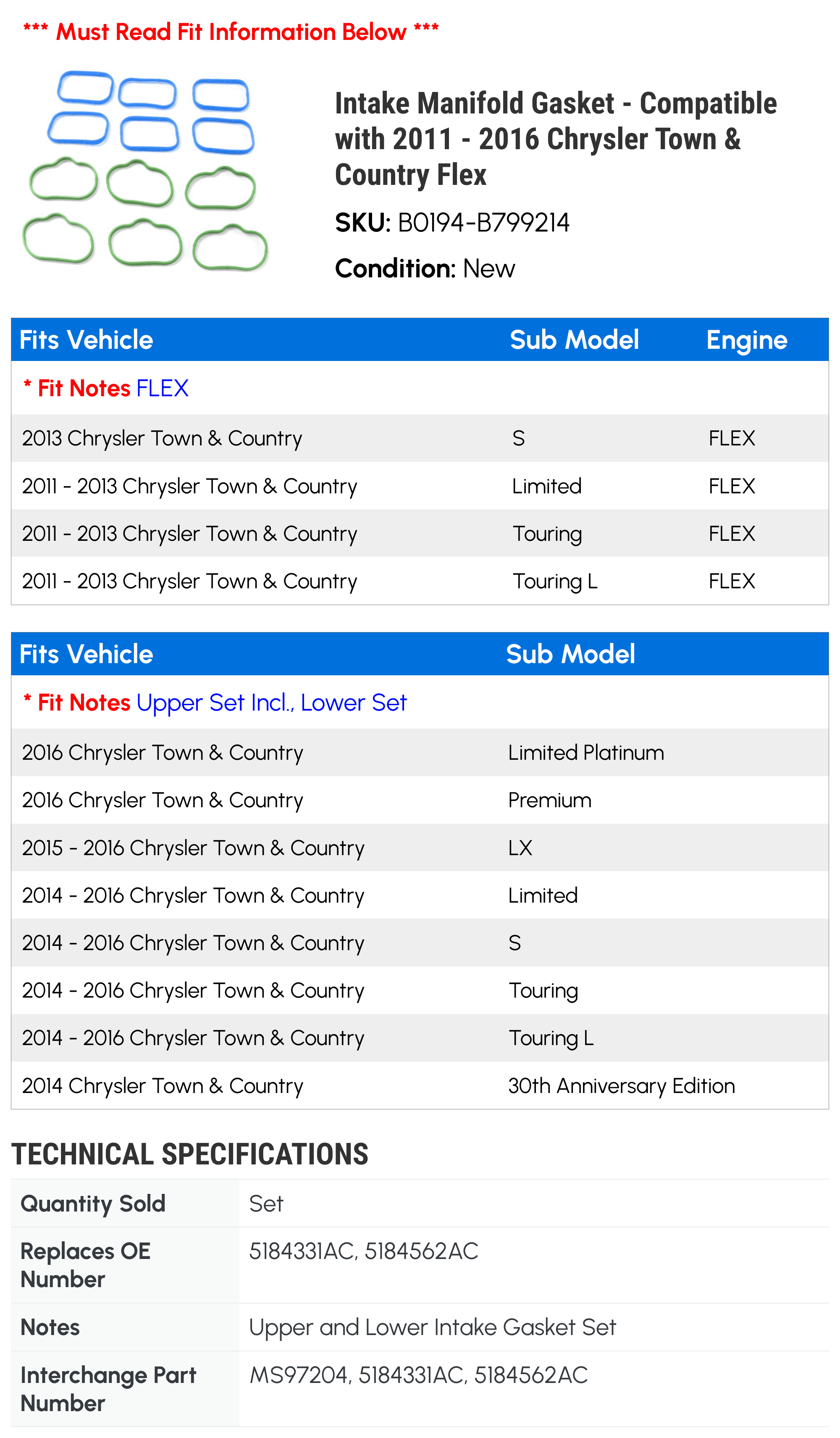 Intake Manifold Gasket - Compatible with 2011 - 2016 Chrysler Town & Country Flex 2012 2013 2014 2015