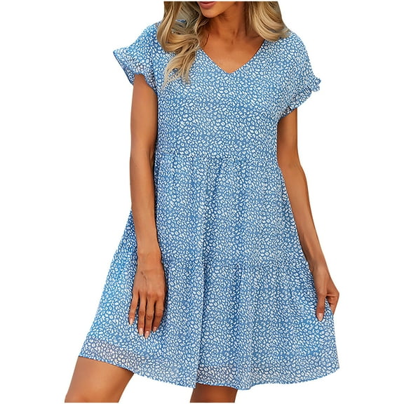 USSUMA Dresses For Women Party Casual,Women’s Summer V Neck Bohemian Knee-Length Swing Dress Floral Print Mini Dress Short Sleeve Ruffle Beach Short Dress