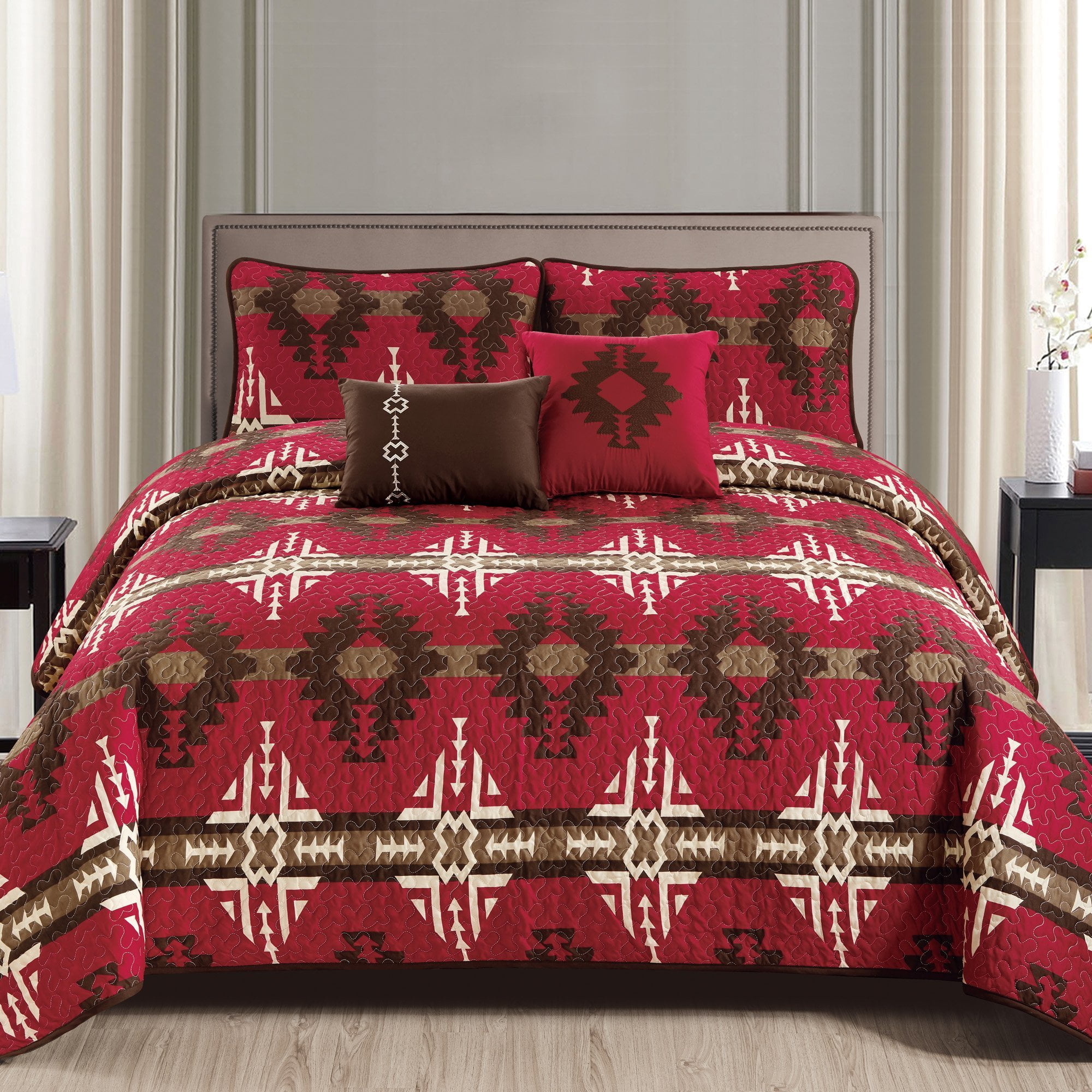 Rustic Southwestern Burgundy Aztec Quilt Coverlet 5 Piece Set