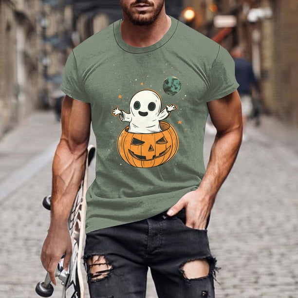 Blusas y camisas de manga corta y cuello redondo para hombre. Blusas/camisetas de manga corta con cuello redondo y estampado de Halloween para hombre. Blusa para hombre.