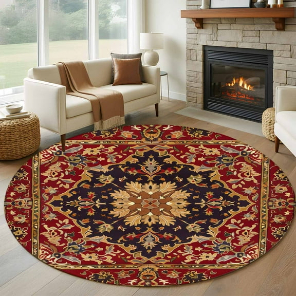 Red Boho Round Area Rug 5 FT, Non Slip Bedroom Area Rug, Contemporary Abstract Ethnic Vintage Geometric Washable Soft Circular Carpet Floor Mat for Kitchen Dining Room Foyer Balcony Dorm