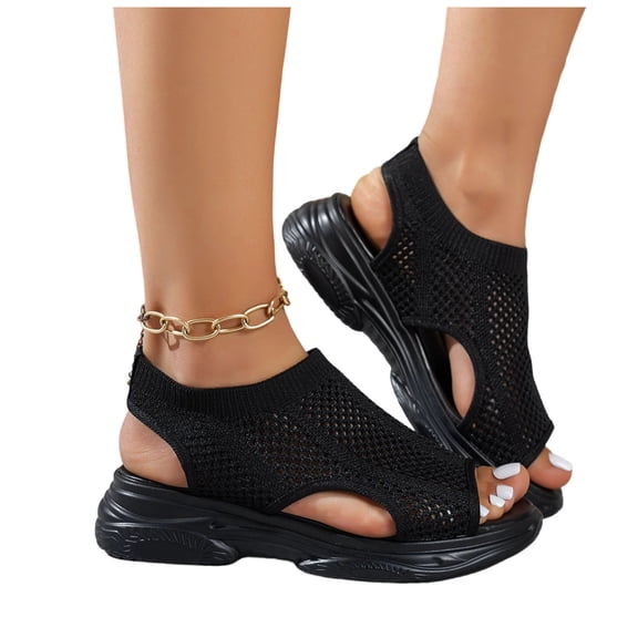 hoksml Women's Breathable Mesh Platform Sandals, Open Toe Slingback Wedge Shoes, Lightweight, Black White