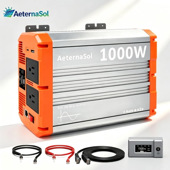 AeternaSol 1000W Power Inverter Pure Sine Wave, 12V to 110V AC with Remote Control & 2000W Peak Surge for RV Solar Truck Camper