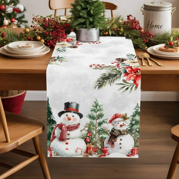 Cute Snowman Christmas Tree Poinsettia Table Runner 13x70in Non-Slip Cotton Linen Table Runners, Red Berry Winter Snow Dresser Scarves TableRunner for Dinner Kitchen Dining Wedding Party