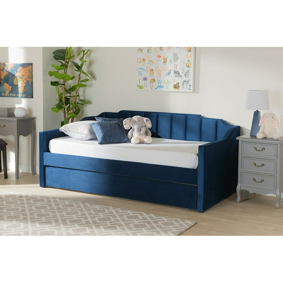 Baxton Studio Lennon Modern and Contemporary Navy Blue Velvet Fabric Upholstered Twin Size Daybed with Trundle