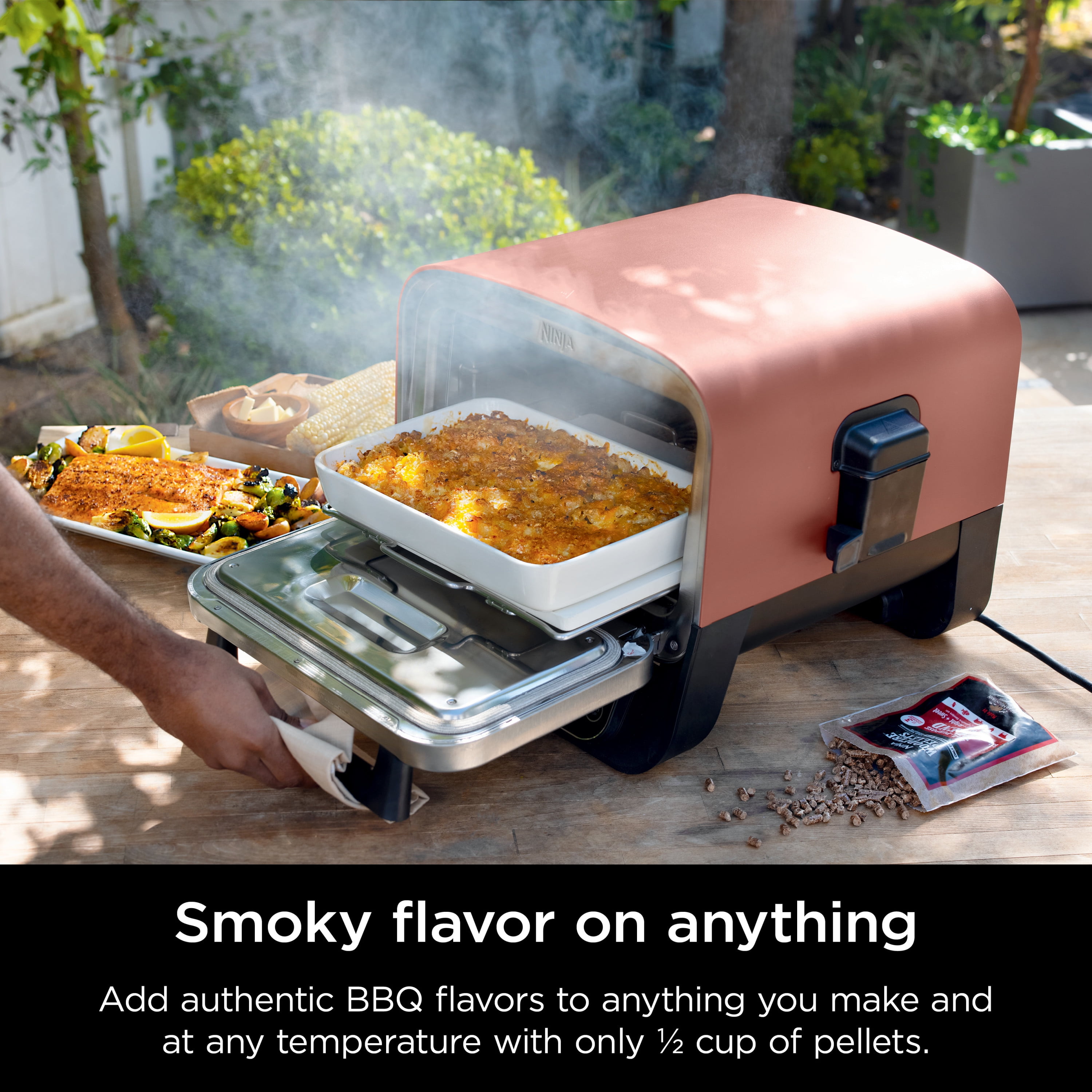 Ninja Woodfire™ Pizza Oven, 8-in-1 outdoor oven, 5 Pizza Settings, Ninja Woodfire™ Technology, up to 700°F heat, BBQ smoker, electric