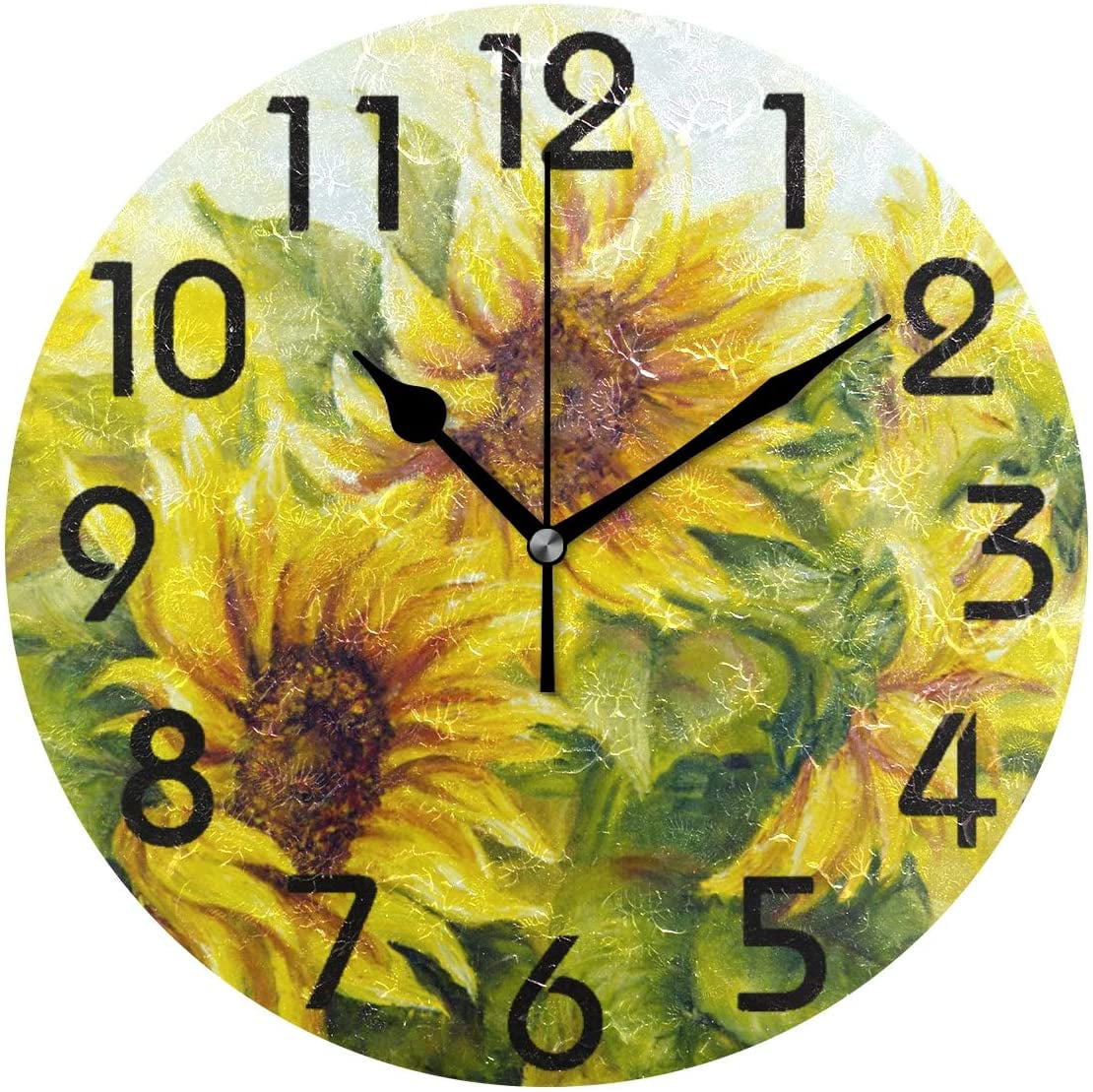 Vintage Round Wooden Wall Clock Rustic Sunflower Home Office Wall Clock 