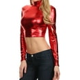 thumbnail image 5 of Sakkas Metallic Liquid Mock Neck Turtleneck Long Sleeve Crop Top - Made in USA - Red - Small, 5 of 6