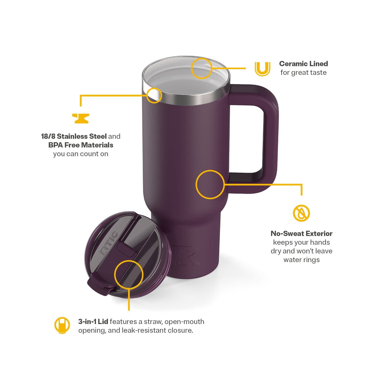 RTIC Road Trip 30 oz Leak-Resistant Straw Lid Ceramic Lined Tumbler, Plum