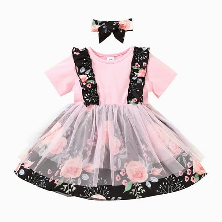 

Canrulo Summer Baby Girls Print Short Sleeve Lace Dress Fake Suspender Skirt Outfit Set Black 9-12 Months